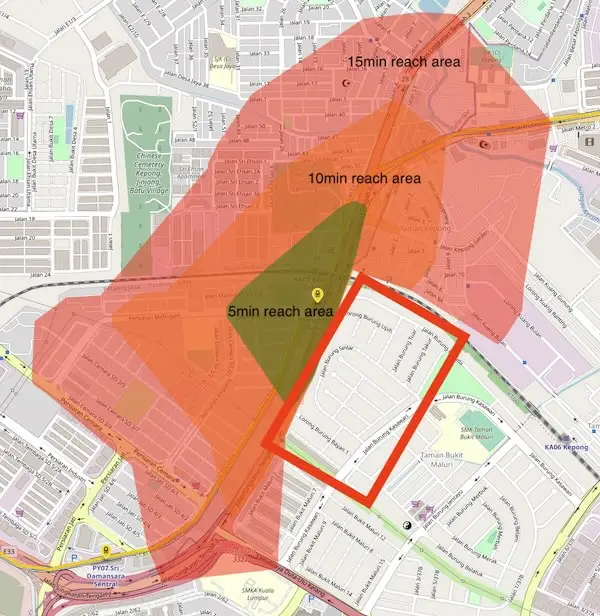 Map showing the inaccessibility of stations due to walled off gated communities